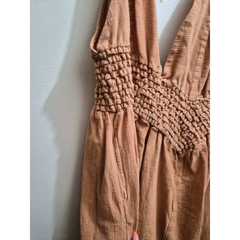 Free People Tunic Top Orange Deep V Neck Smocked Waist Sleeveless Pockets XL